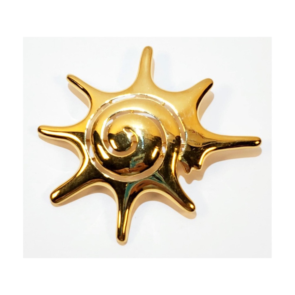 Vintage Signed Monet Gold Tone Large Metal Solar Blazing Sun Brooch Pin